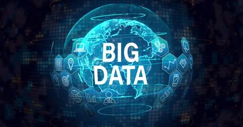 Image of big data text with icons over globe on black background 写真素材
