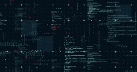 Image of binary and text data processing over grid on black background Stock Photos
