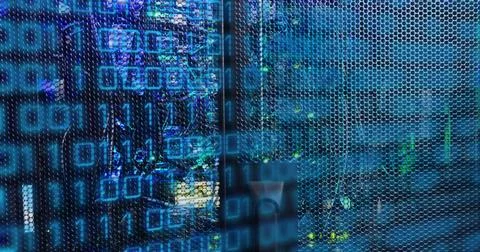 Image of binary code and data over servers Stock Illustration