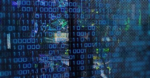 Image of binary code and data over servers Stock Illustration