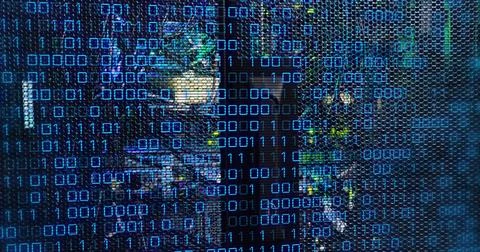 Image of binary code and data over servers Stock Illustration