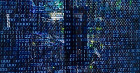 Image of binary code and data over servers Stock Illustration