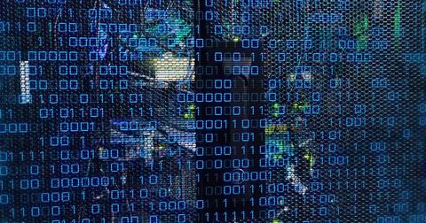 Image of binary code and data over servers Stockfoto's