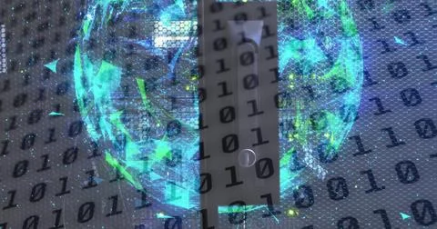 Image of binary code and globe over servers Illustrazione stock