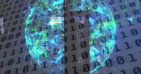 Image of binary code and globe over servers 스톡 일러스트