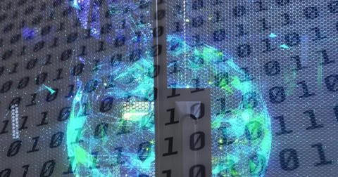 Image of binary code and globe over servers Stock Illustration