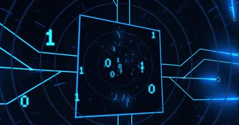 Image of binary code and integrated circuit in black digital space Stock Illustration