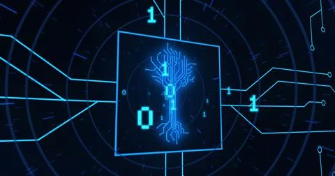 Image of binary code and integrated circuit in black digital space Stock Illustration