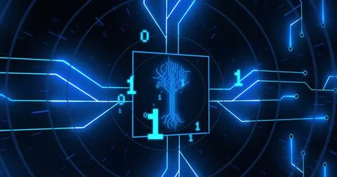 Image of binary code and integrated circuit in black digital space Illustrazione stock