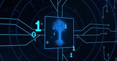 Image of binary code and integrated circuit in black digital space Stockfoto's