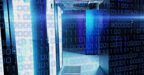 Image of binary code and lights over servers Stock Photos