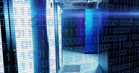 Image of binary code and lights over servers Stock Photos