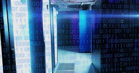 Image of binary code and lights over servers 스톡 사진