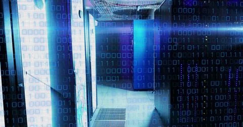 Image of binary code and lights over servers 스톡 사진