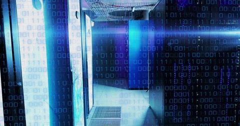 Image of binary code and lights over servers 库存照片