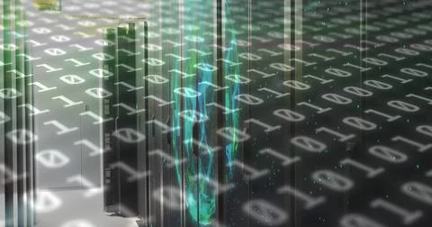 Image of binary code and shapes over servers Illustrazione stock