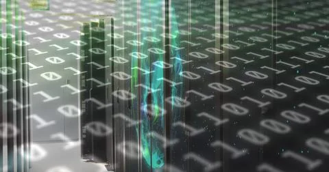 Image of binary code and shapes over servers イラスト素材