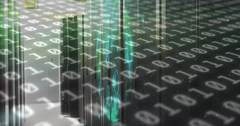 Image of binary code and shapes over servers Illustrazione stock