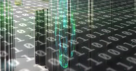 Image of binary code and shapes over servers Stock Illustration