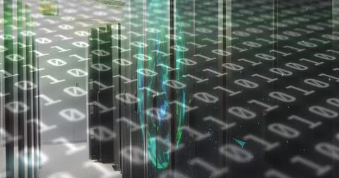 Image of binary code and shapes over servers イラスト素材