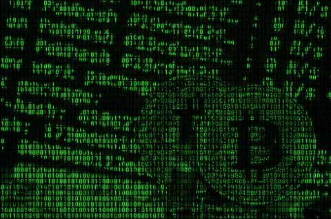 Image of the binary code from bright green digits, through which the image of 写真素材