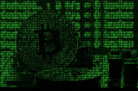 Image of the binary code from bright green digits, through which the image of 스톡 사진