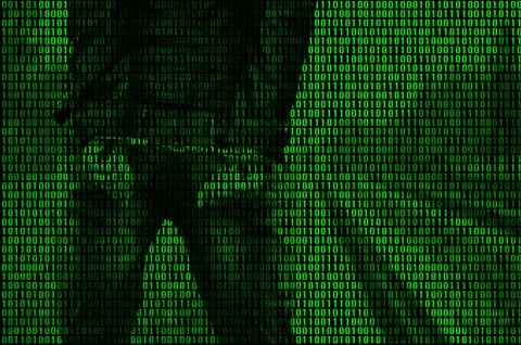 An image of a binary code from bright green figures, through which the image  Stock Photos