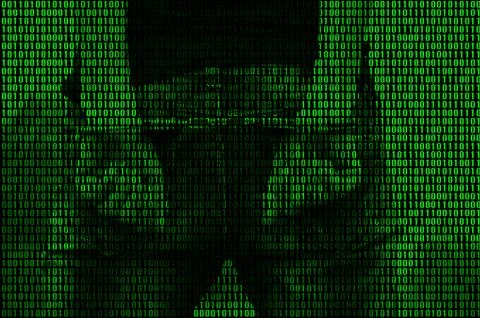 An image of a binary code from bright green figures, through which the image  Foto stock