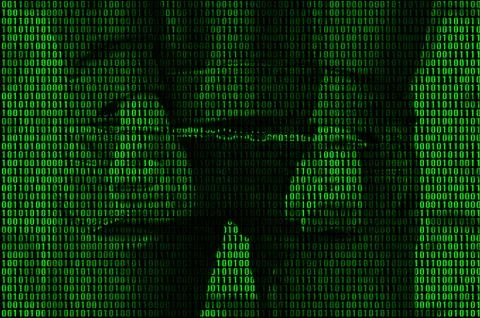 An image of a binary code from bright green figures, through which the image  Foto stock