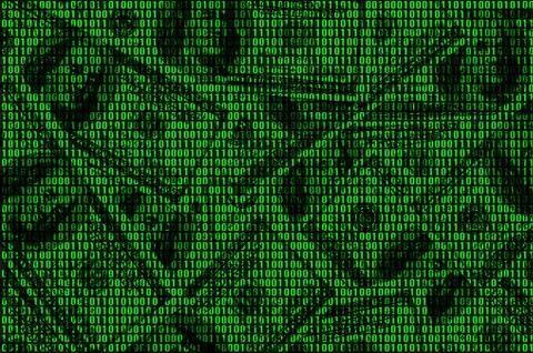 Image of binary code from bright green numbers, through which you can see a l Stock Photos