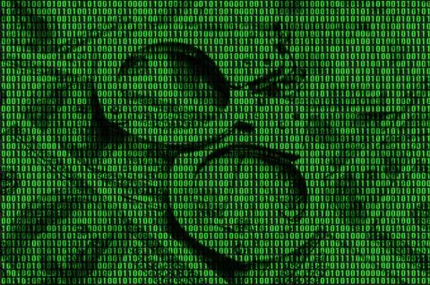 Image of the binary code from bright green figures, through which handcuffs,  库存照片