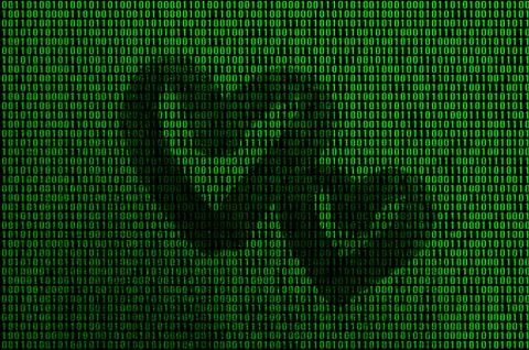 Image of the binary code from bright green figures, through which the shape o 写真素材