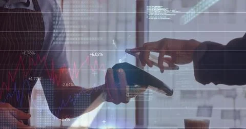 Image of binary code, computer language and graphs over cropped hands of Stock-Fotos