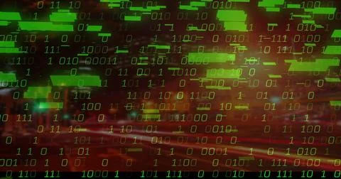 Image of binary code with green data blocks overlaying cityscape at night Stock Photos