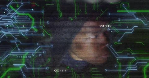 Image of binary code, integrated circuit and face of african american hacker 스톡 사진