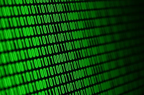 An image of a binary code made up of a set of green digits on a black backgro 스톡 사진