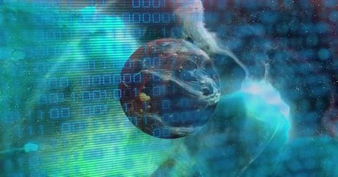 Image of binary code over brown planet Stock Illustration