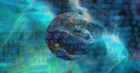 Image of binary code over brown planet 库存照片