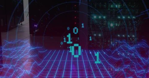 Image of binary code over digital space and servers Stock Illustration