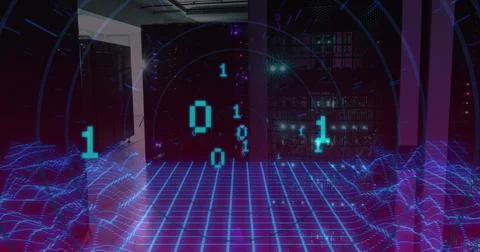 Image of binary code over digital space and servers Stock Illustration