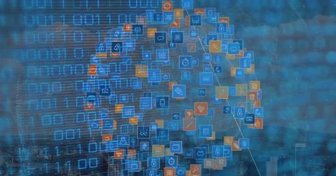 Image of binary code over globe made of icons Stock Illustration