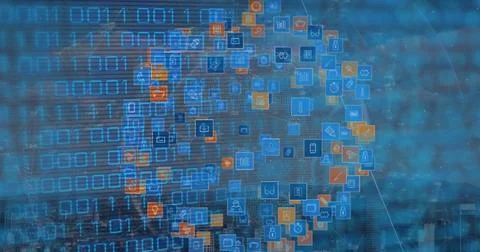 Image of binary code over globe made of icons イラスト素材