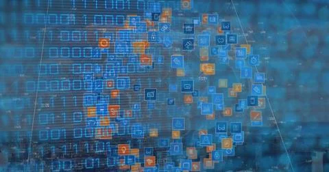 Image of binary code over globe made of icons Stock Illustration