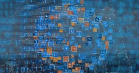 Image of binary code over globe made of icons Stock Illustration