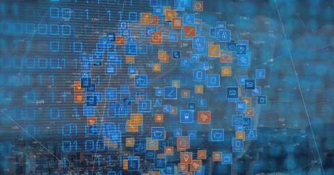 Image of binary code over globe made of icons Illustrazione stock