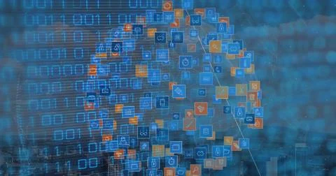 Image of binary code over globe made of icons Stock Illustration