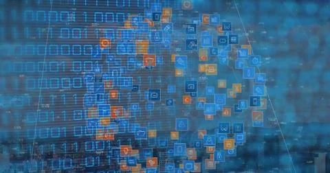 Image of binary code over globe made of icons Stock Illustration