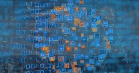 Image of binary code over globe made of icons Stock Illustration