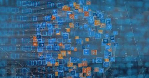 Image of binary code over globe made of icons 스톡 일러스트