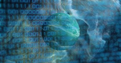 Image of binary code over green planet Illustrazione stock